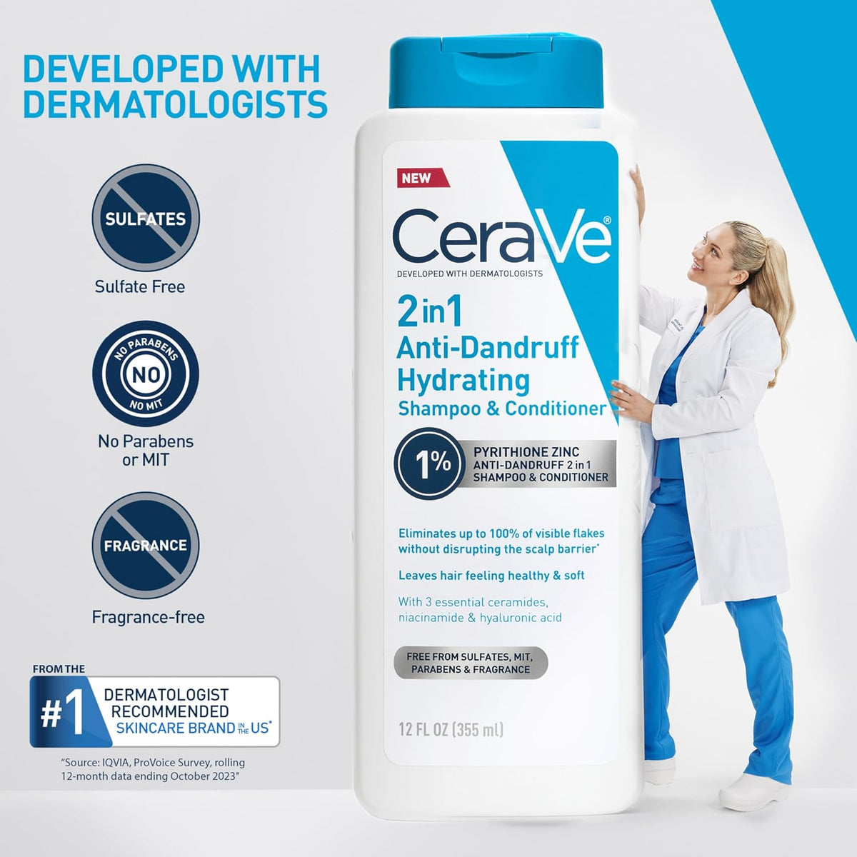 CeraVe 2 In 1 Hydrating Anti Dandruff Shampoo And Conditioner Twin Pack. 1% Pyrithione Zinc Dandruff Treatment Helps Eliminate Dandruff. Color Safe & Sulfate Free. 12 Fl Oz Each (Set of 2)